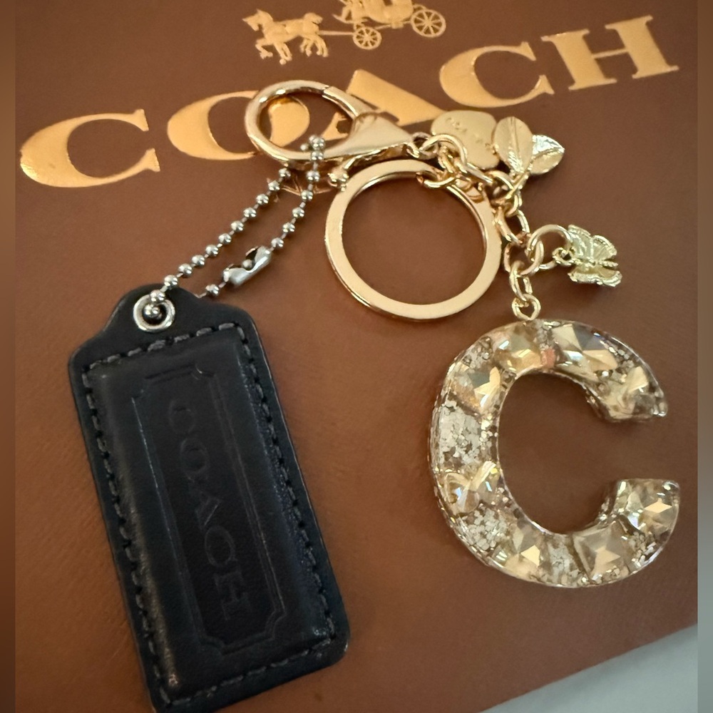 COACH Black Leather Hangtag With Acrylic Gold C Charm